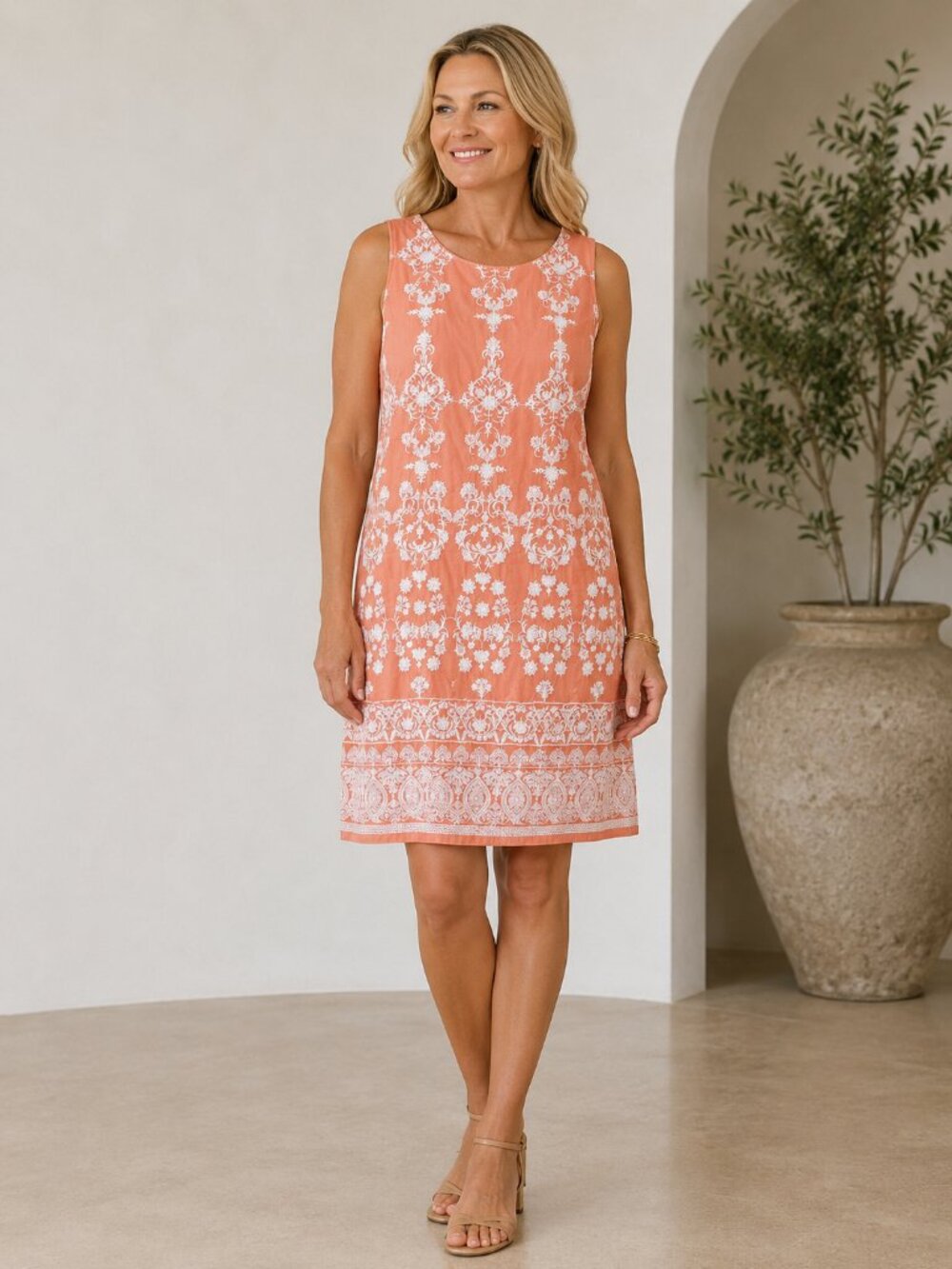 Talbots Orange / Peach Sleeveless Embroidered Cotton Sheath Dress - Size 16P